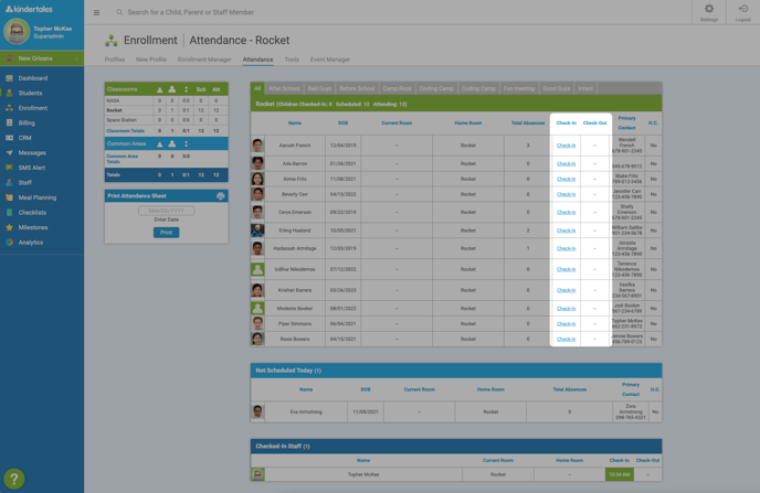 The desktop Attendance page with the Check-In Check-Out columns highlights