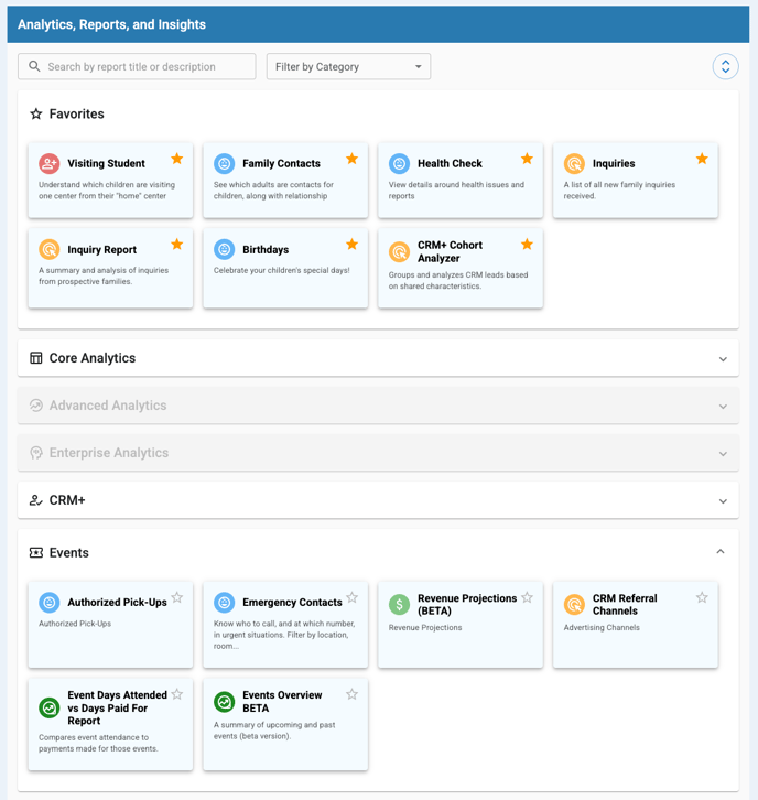 KT Analytics page showing favorites and Event reports